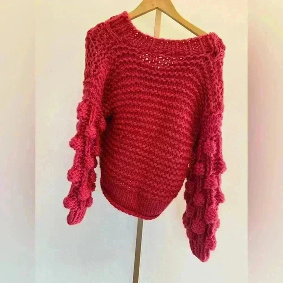 Nasty Gal Women's Deep Pink/Red Pom Pom Chunky Knit Sweater Size S Pullover - Picture 10 of 12